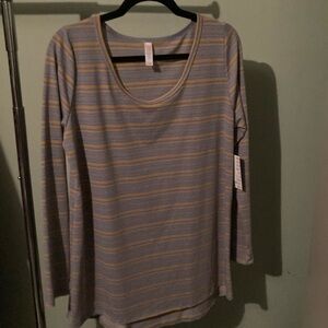 Lularoe large light blue and gold striped long sleeve lynnae shirt